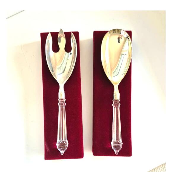 International Silver Co Serving Fork Spoon Set Boxed Silver Plate Large Salad - Picture 3 of 9